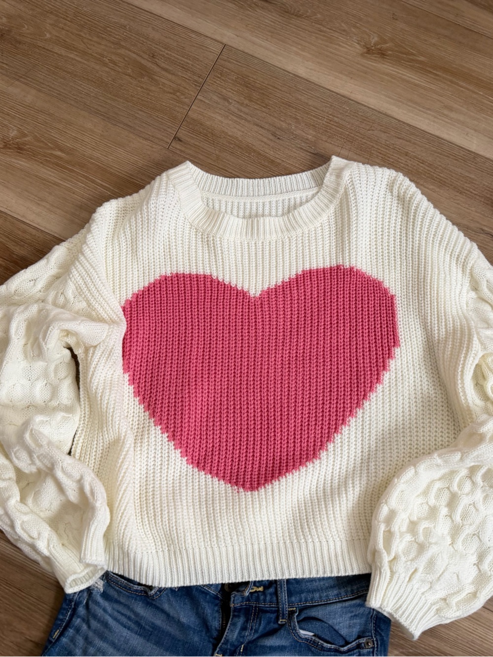 SHEIN Cream Knit Crewneck Sweater with Pink Heart